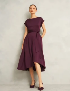 Satin Tie Waist Knee Length Skater Dress