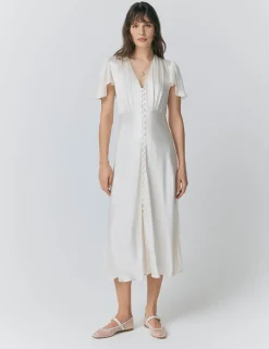 Satin V-Neck Angel Sleeve Midi Tea Dress