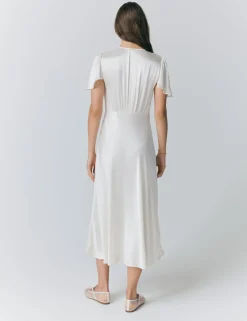 Satin V-Neck Angel Sleeve Midi Tea Dress