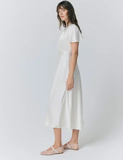 Satin V-Neck Angel Sleeve Midi Tea Dress