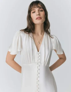 Satin V-Neck Angel Sleeve Midi Tea Dress