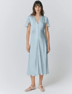 Satin V-Neck Angel Sleeve Midi Tea Dress