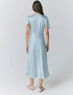 Satin V-Neck Angel Sleeve Midi Tea Dress