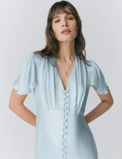 Satin V-Neck Angel Sleeve Midi Tea Dress