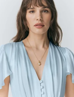 Satin V-Neck Angel Sleeve Midi Tea Dress