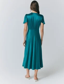 Satin V-Neck Angel Sleeve Midi Tea Dress