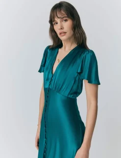 Satin V-Neck Angel Sleeve Midi Tea Dress