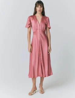Satin V-Neck Angel Sleeve Midi Tea Dress