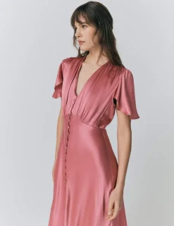 Satin V-Neck Angel Sleeve Midi Tea Dress