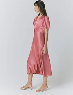 Satin V-Neck Angel Sleeve Midi Tea Dress