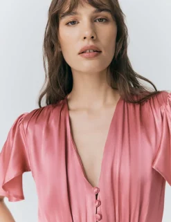 Satin V-Neck Angel Sleeve Midi Tea Dress