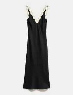 Satin V-Neck Lace Insert Midi Slip Dress