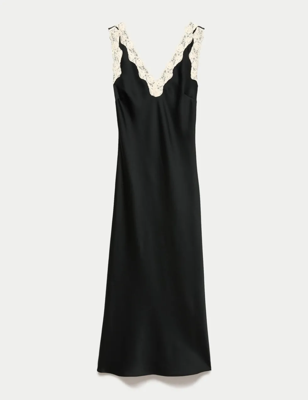 Satin V-Neck Lace Insert Midi Slip Dress