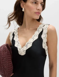 Satin V-Neck Lace Insert Midi Slip Dress