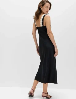 Satin V-Neck Lace Insert Midi Slip Dress