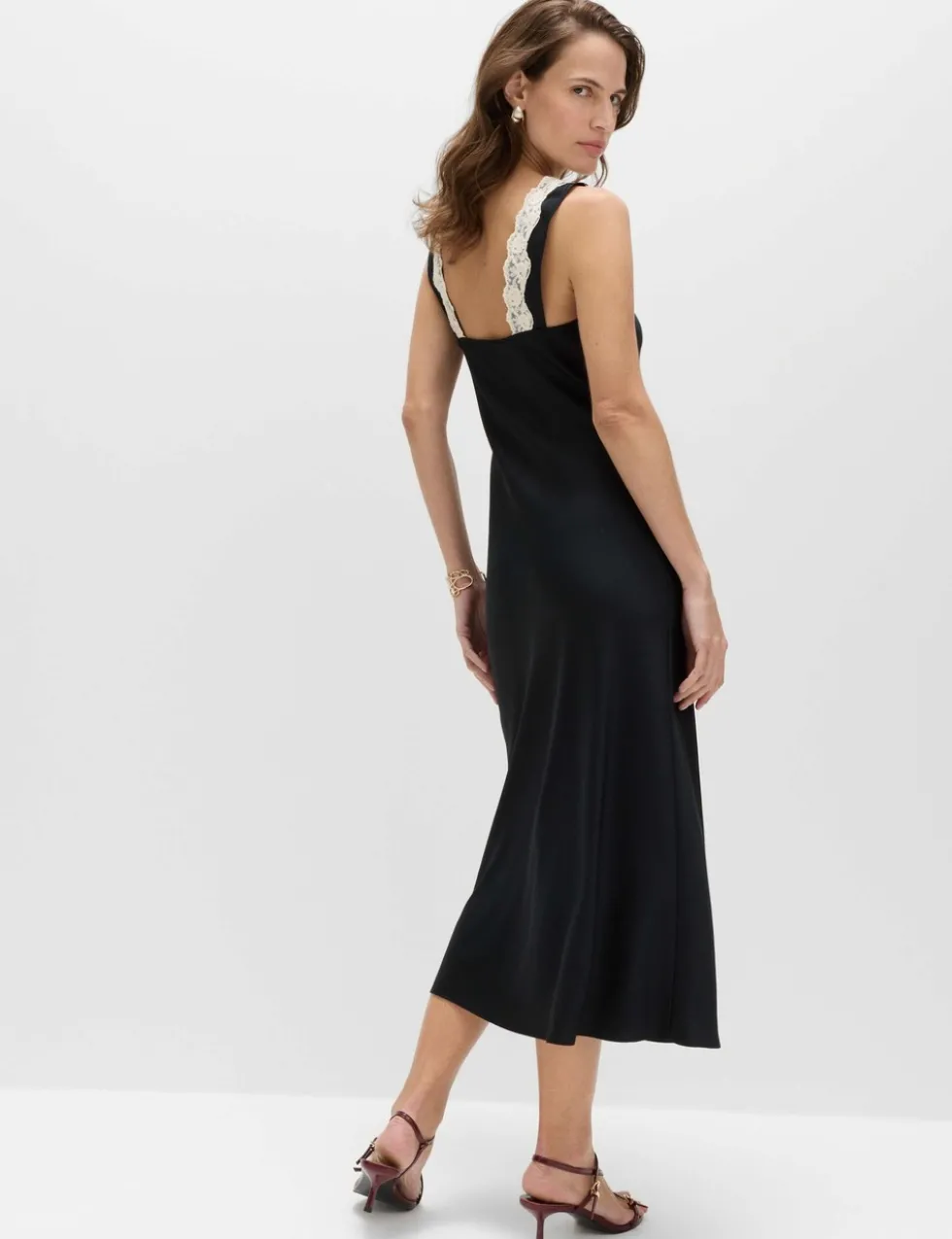 Satin V-Neck Lace Insert Midi Slip Dress