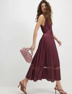 Satin V-Neck Lace Trim Midi Slip Dress