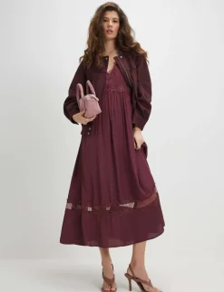 Satin V-Neck Lace Trim Midi Slip Dress