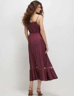 Satin V-Neck Lace Trim Midi Slip Dress