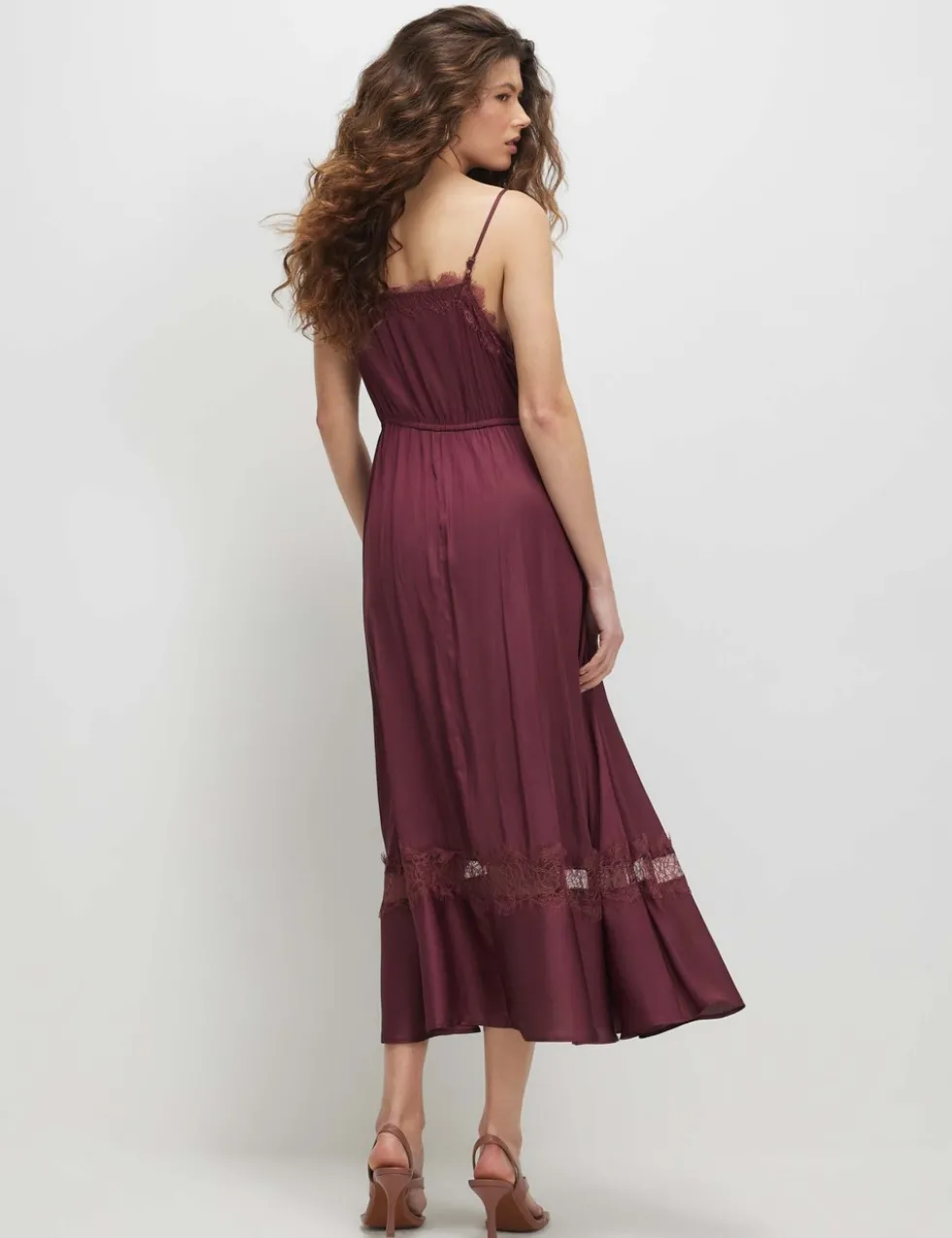 Satin V-Neck Lace Trim Midi Slip Dress