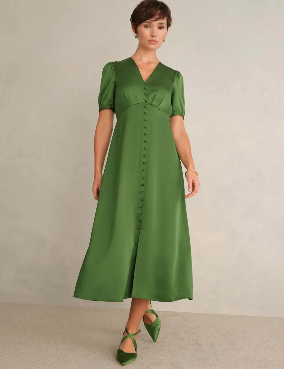 Satin V-Neck Midi Skater Dress