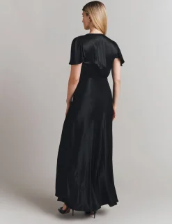 Satin V-Neck Midi Skater Dress