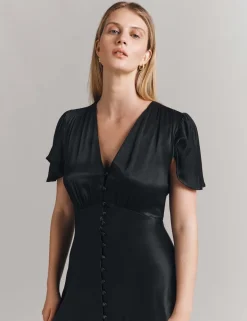Satin V-Neck Midi Skater Dress