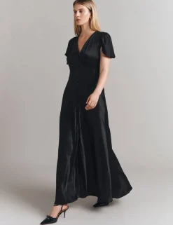 Satin V-Neck Midi Skater Dress