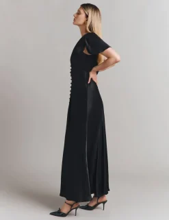 Satin V-Neck Midi Skater Dress