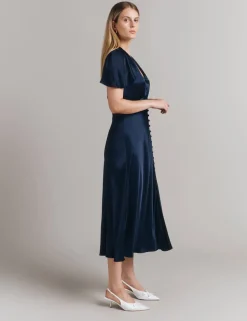 Satin V-Neck Midi Skater Dress