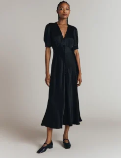 Satin V-Neck Midi Tea Dress