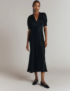 Satin V-Neck Midi Tea Dress