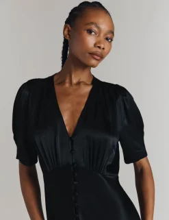 Satin V-Neck Midi Tea Dress