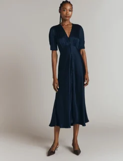 Satin V-Neck Midi Tea Dress