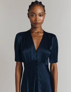 Satin V-Neck Midi Tea Dress