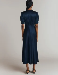 Satin V-Neck Midi Tea Dress