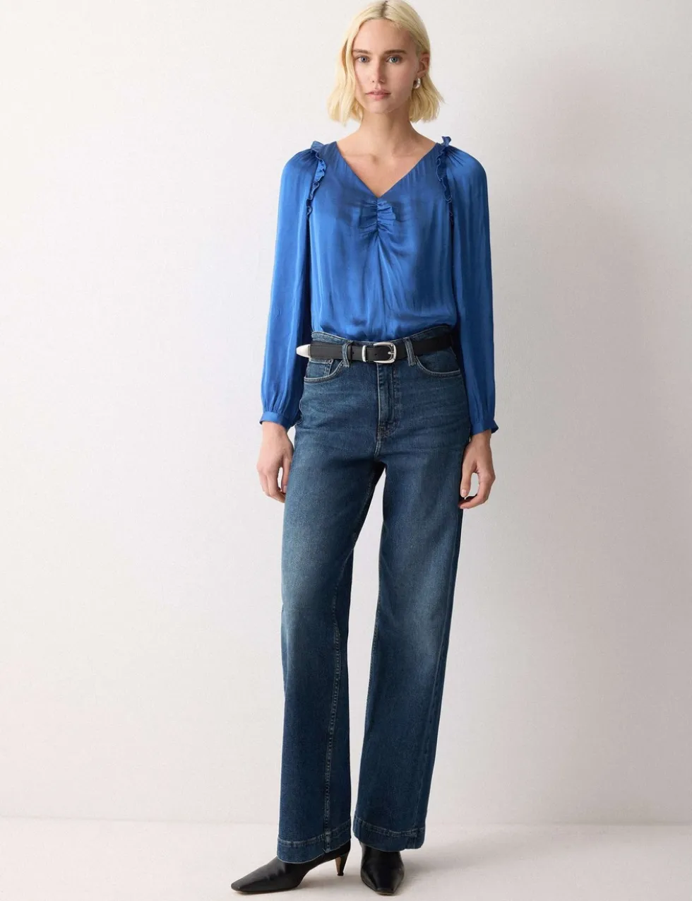 Satin V-Neck Relaxed Blouse
