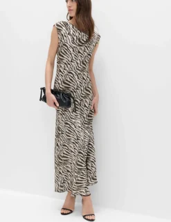 Satin Zebra Print Cowl Neck Midaxi Dress