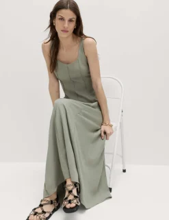 Scoop Neck Midaxi Slip Dress with Linen