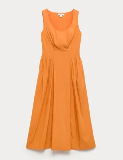 Scoop Neck Pleated Midi Drop Waist Dress
