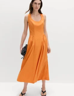 Scoop Neck Pleated Midi Drop Waist Dress