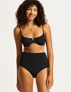 Sea Dive Textured High Waisted Bikini Bottoms