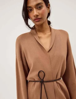 Shawl Collar Tie Waist Longline Cardigan