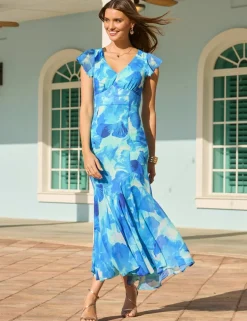 Sheer Floral V-Neck Empire Line Midi Waisted Dress