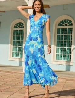 Sheer Floral V-Neck Empire Line Midi Waisted Dress