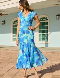 Sheer Floral V-Neck Empire Line Midi Waisted Dress