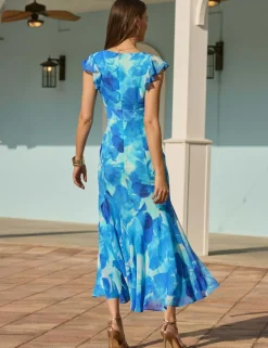 Sheer Floral V-Neck Empire Line Midi Waisted Dress