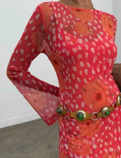 Sheer Poppy Print Maxi Column Dress