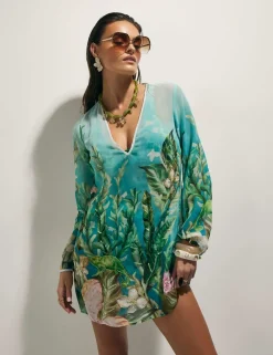 Sheer Sequin Floral Embellished V-Neck Tunic