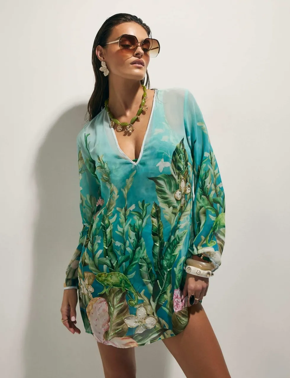 Sheer Sequin Floral Embellished V-Neck Tunic